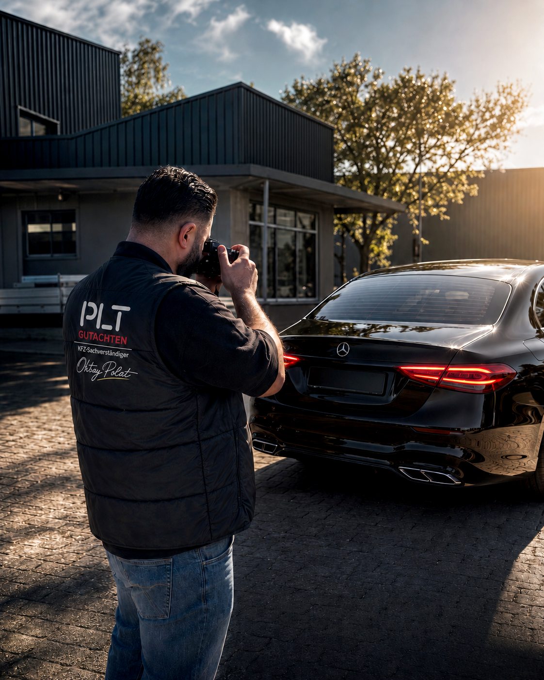 KFZ-Sachverständiger Oktay Polat dokumentiert einen Fahrzeugschaden mit der Kamera